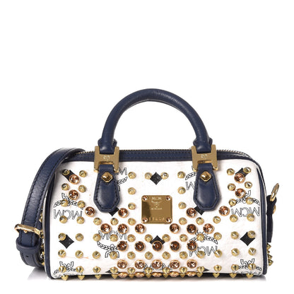 MCM Visetos Studded Mini Boston Bag White Navy 1 of 13