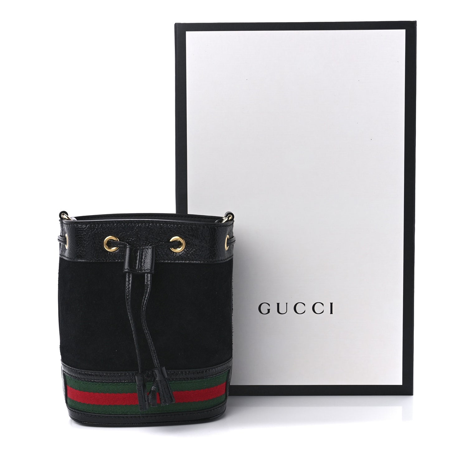 Suede Patent Web Mini Ophidia Bucket Bag Black