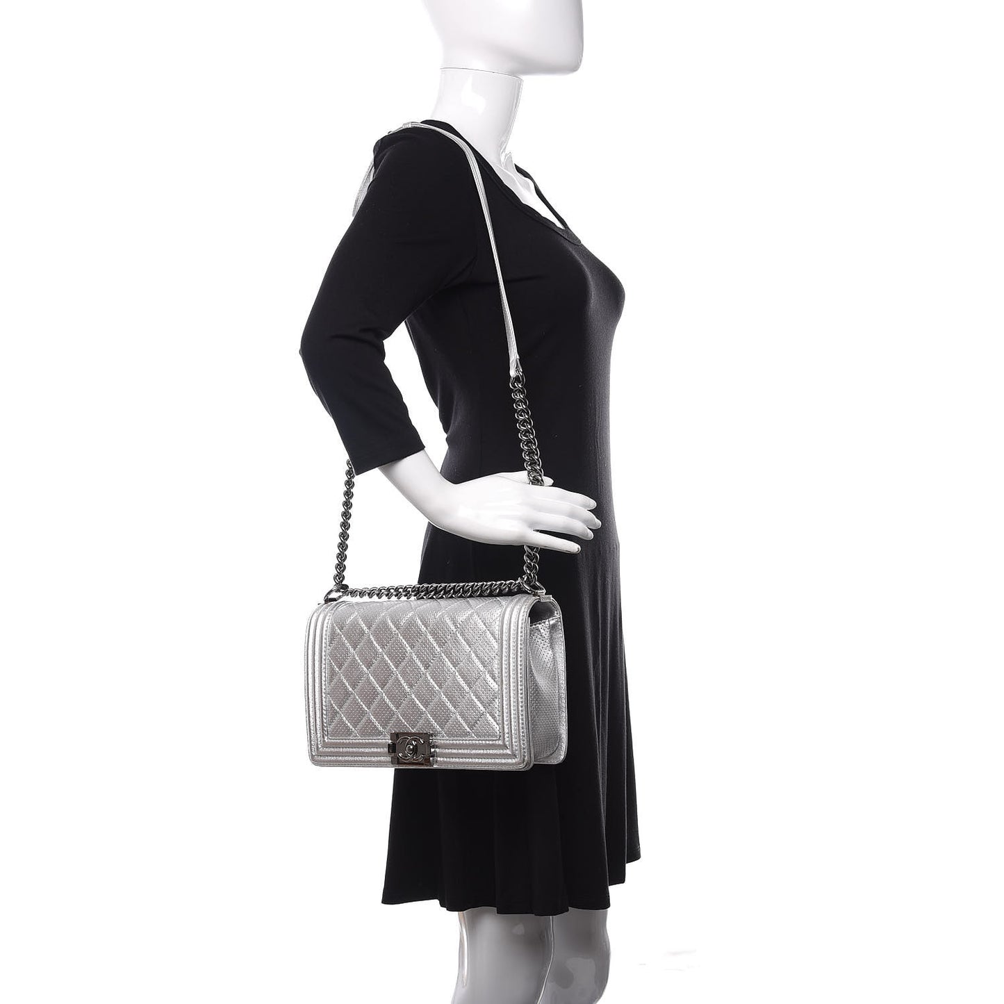 Metallic Lambskin Perforated New Medium Boy Flap Silver