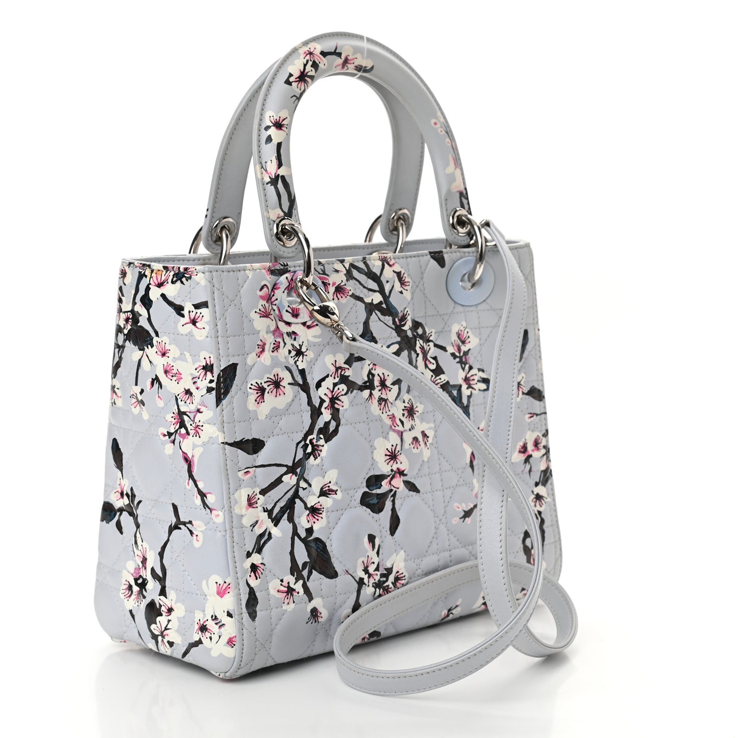 Lambskin Cannage Floral Printed Medium Lady Dior Light Blue