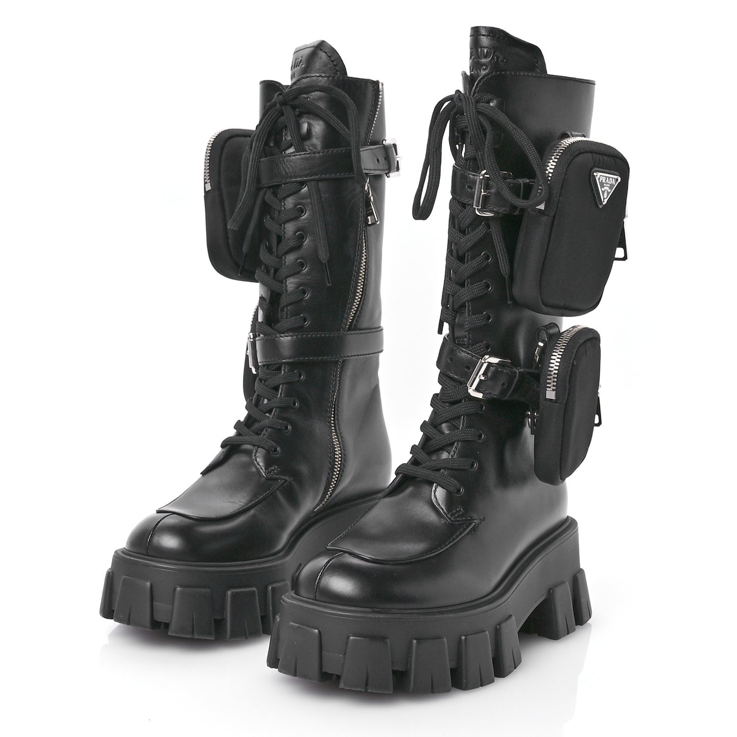 Vitello Lux Nylon Metal Triangle Logo Monolith Pouch Pocket 55mm Tall Combat Boots 35 Black