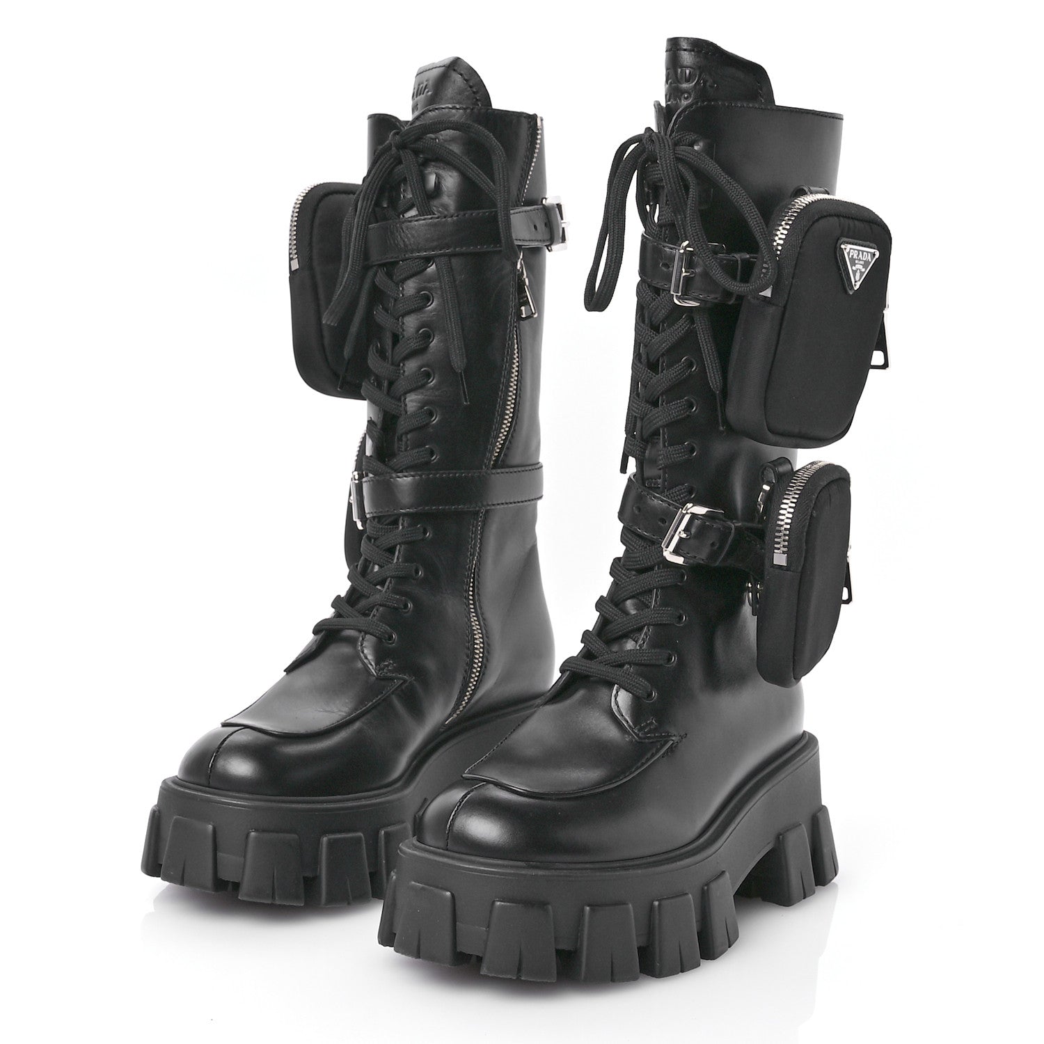 Prada Vitello Lux Nylon Metal Triangle Logo Monolith Pouch Pocket 55mm Tall Combat Boots 35 Black 3 of 7