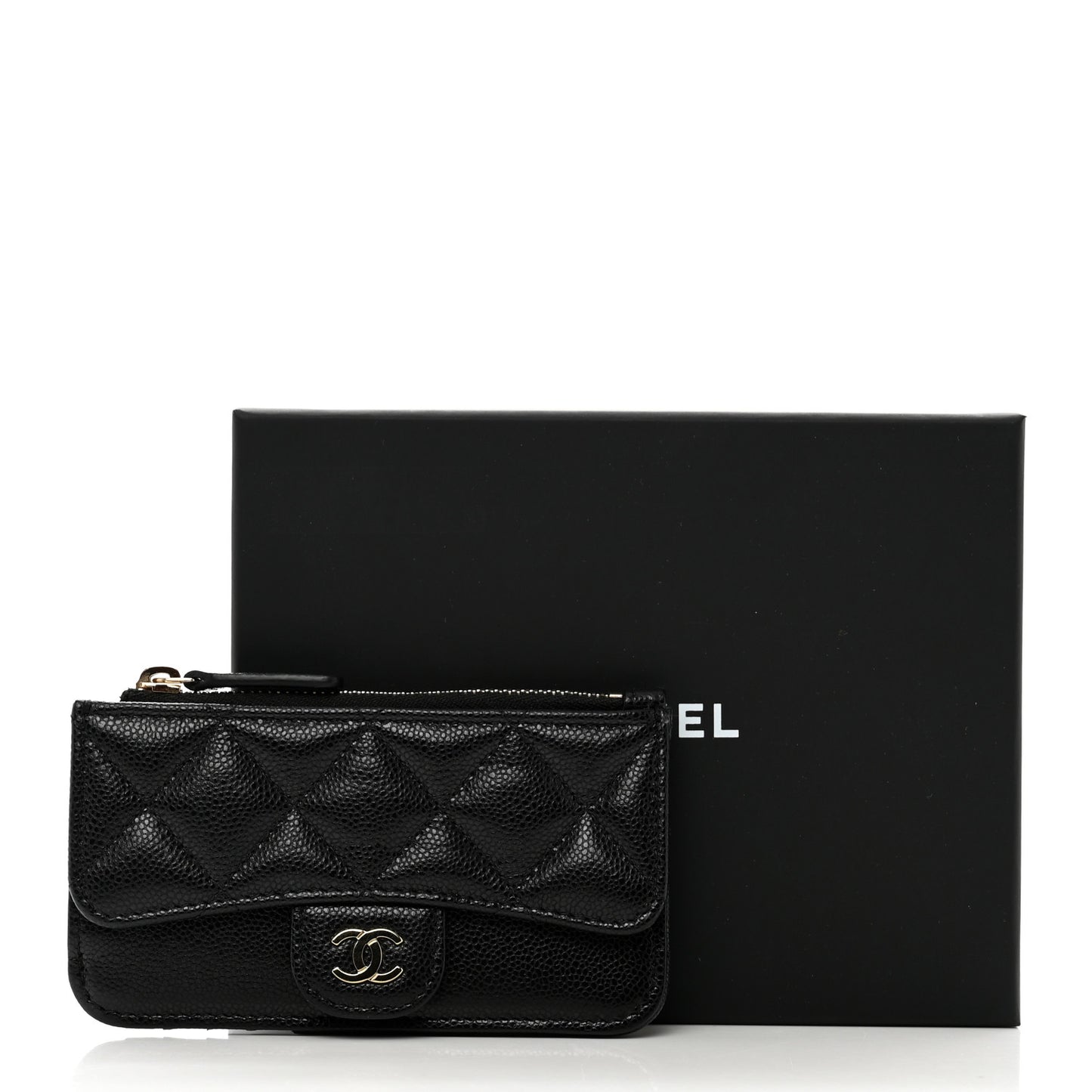 Caviar Quilted Flap Zip Card Holder Black