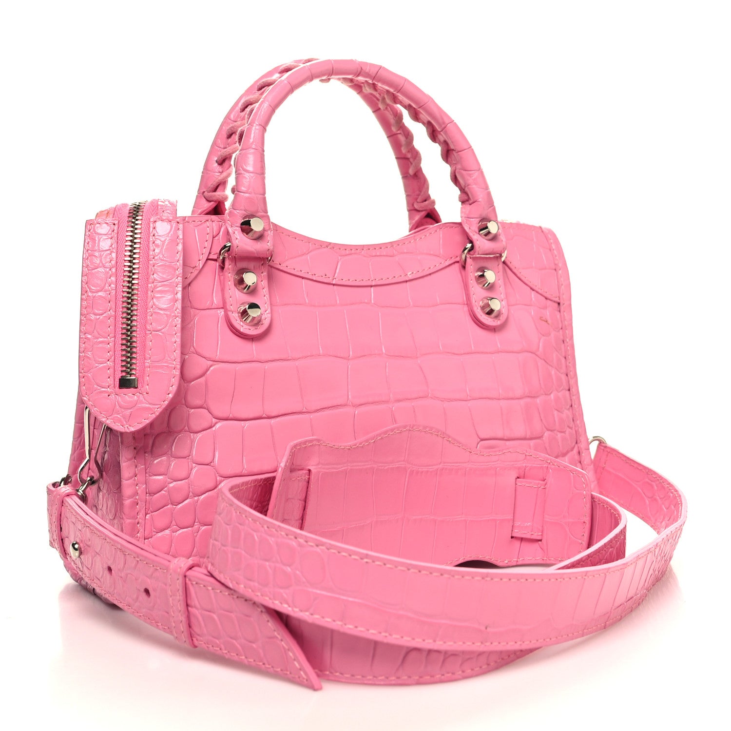 Balenciaga Shiny Supple Calfskin Crocodile Embossed Classic Silver Hardware Mini City Baby Pink 4 of 14