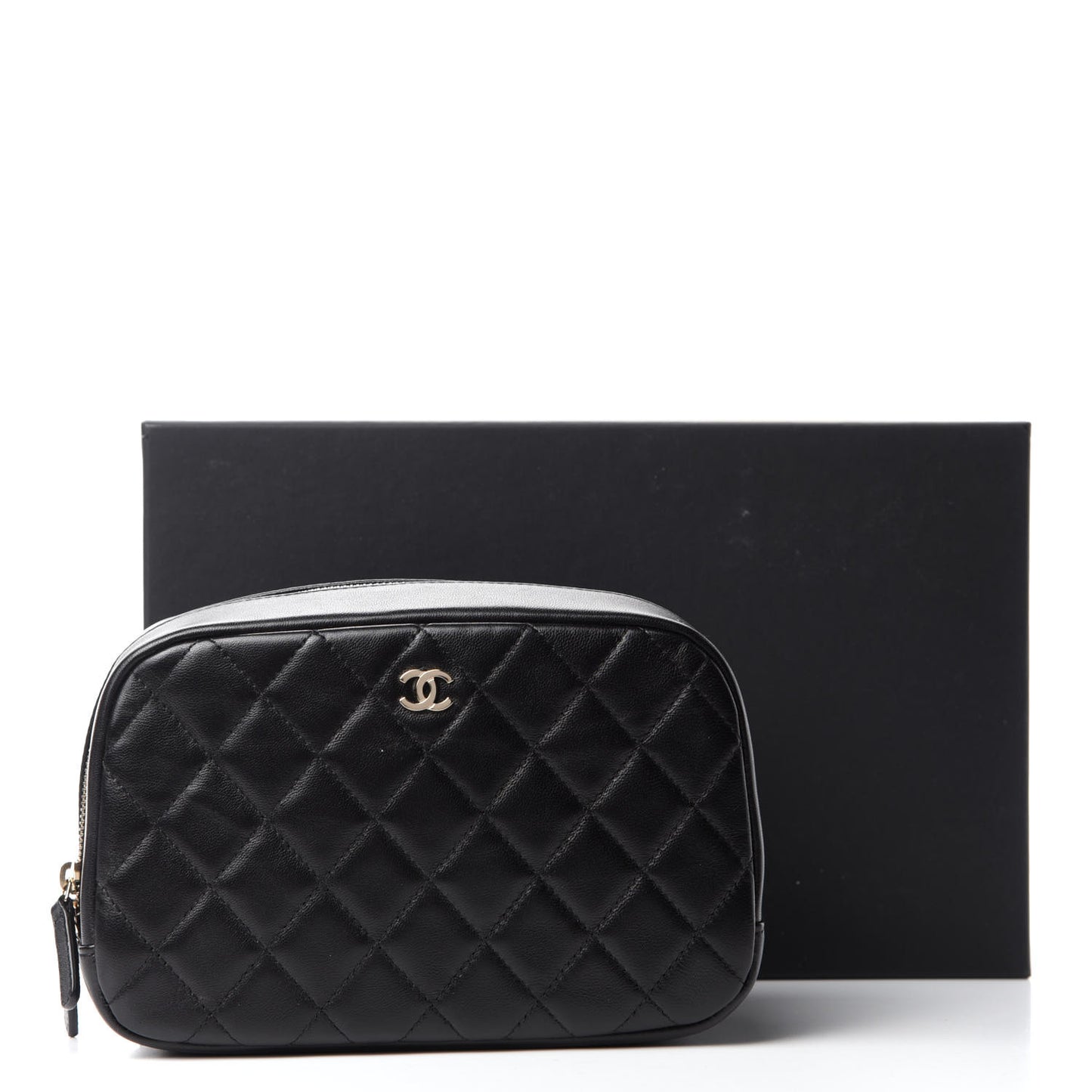 Lambskin Quilted Medium Curvy Pouch Cosmetic Case Black
