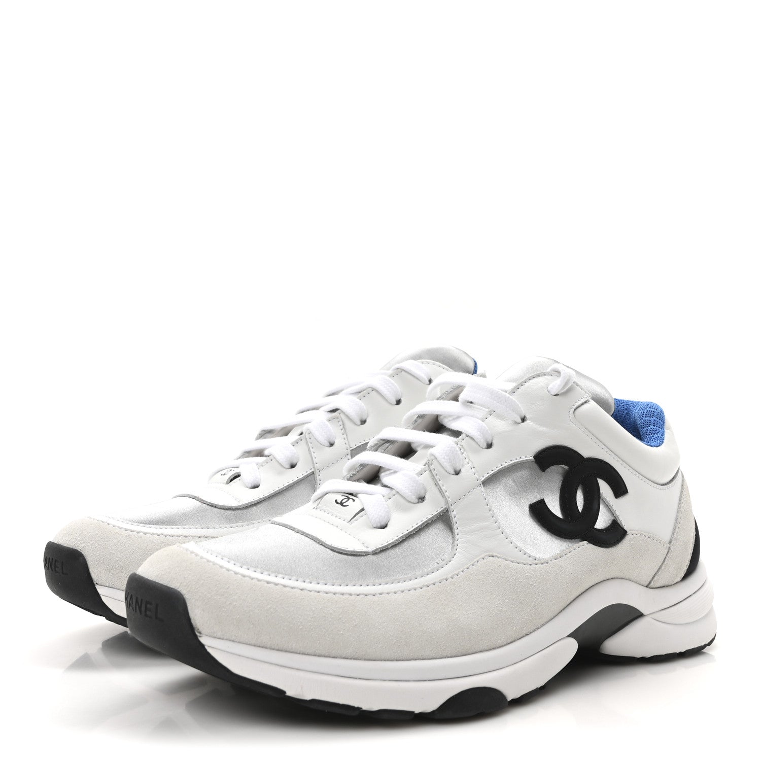 Chanel Calfskin Fabric Sneakers 40.5 White Silver Fluo Blue 4 of 9