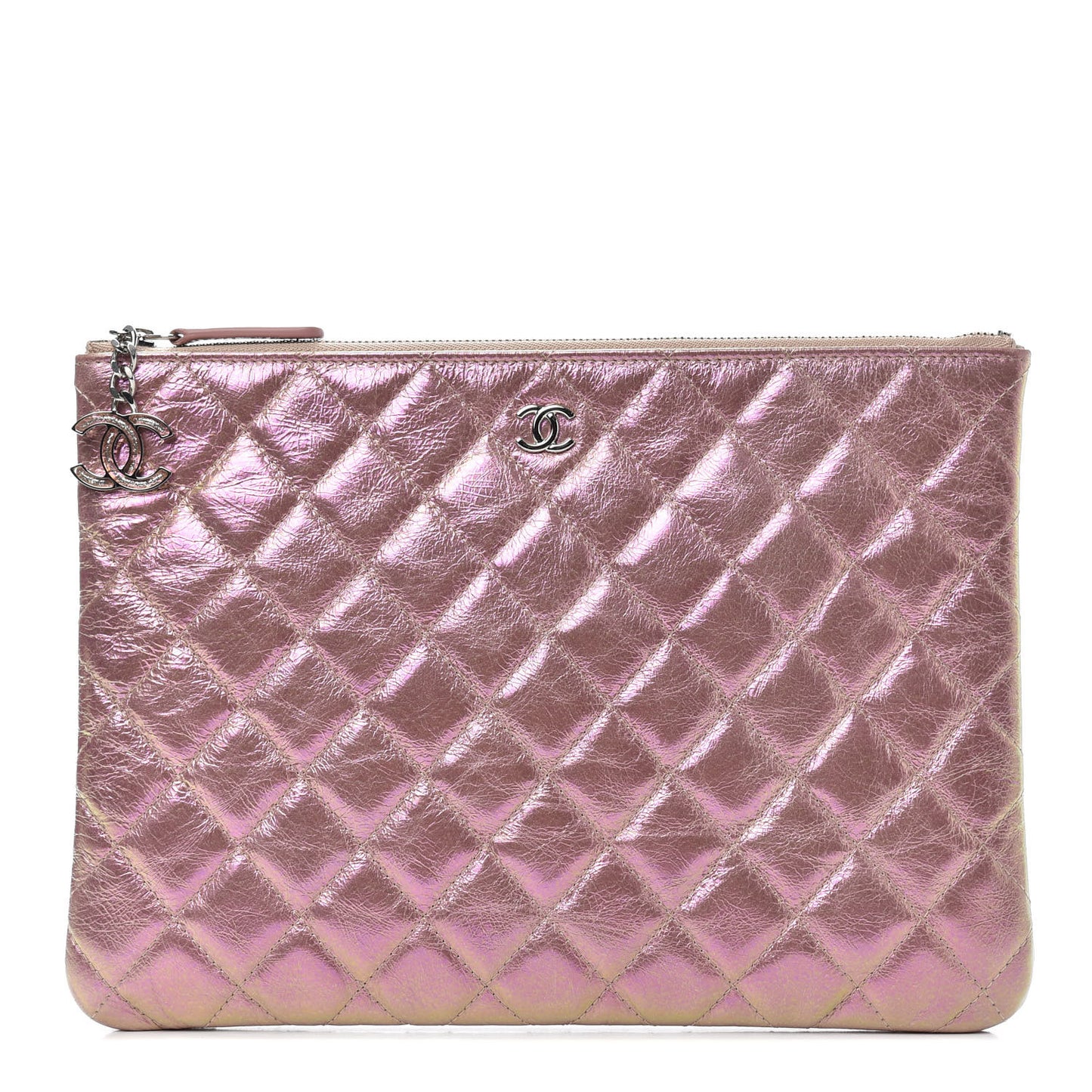 Iridescent Crumpled Calfskin Medium Cosmetic Case Pink