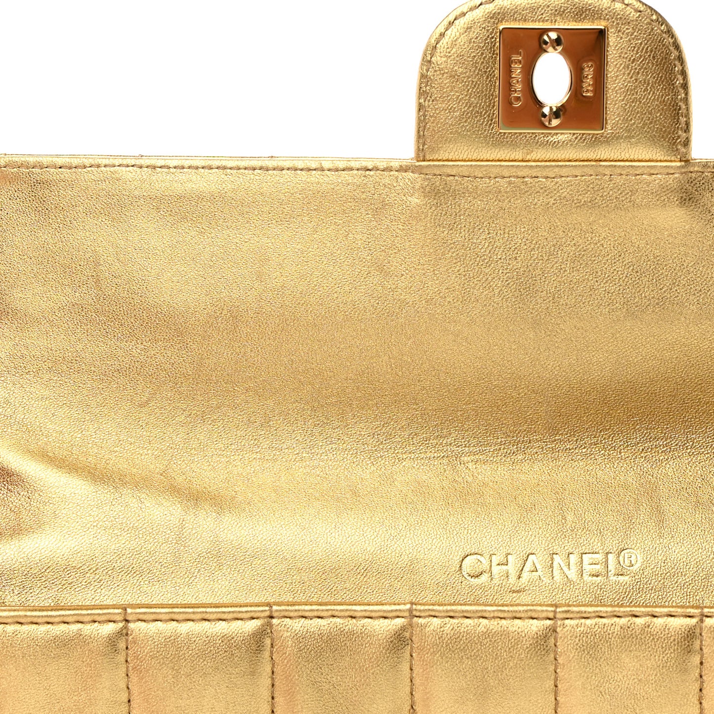 Metallic Lambskin Quilted East West Chocolate Bar Flap Gold