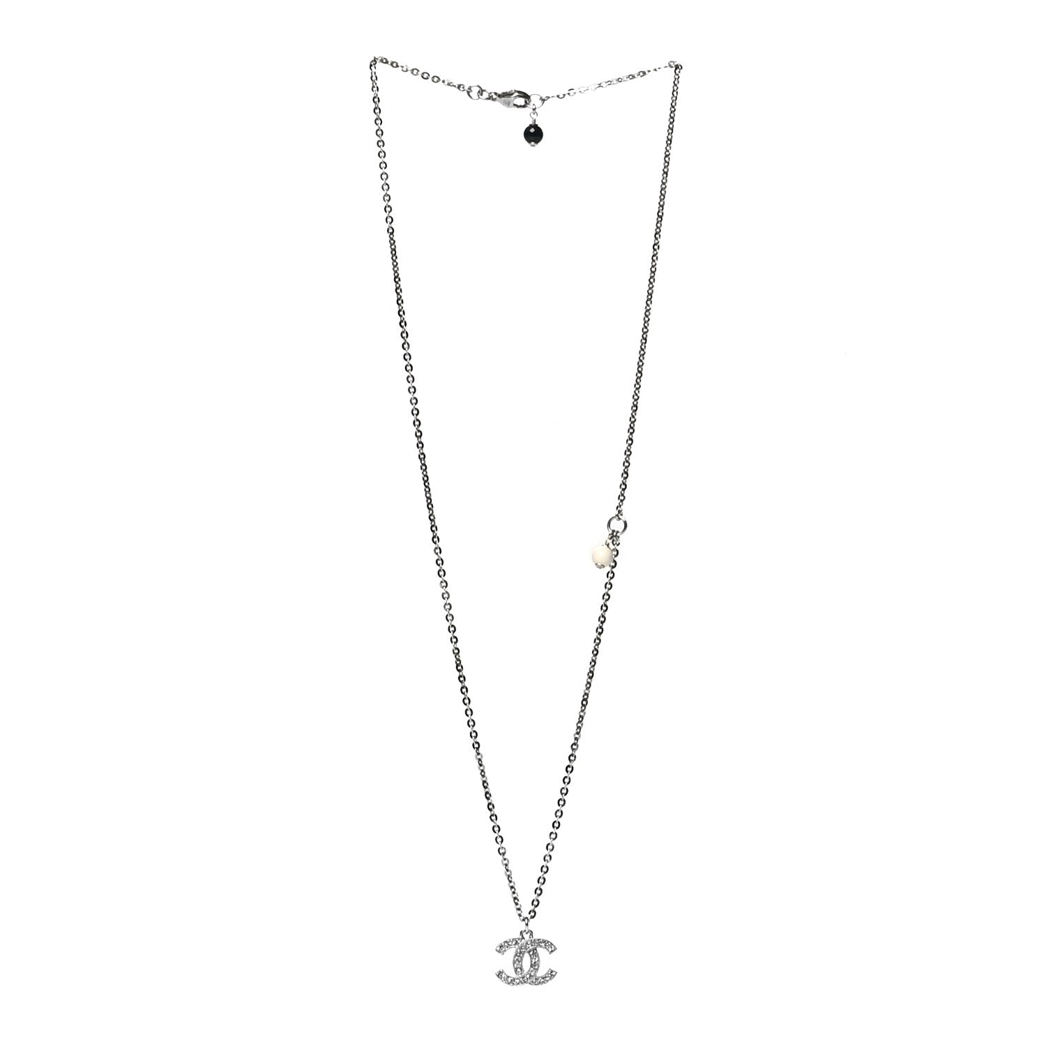 Chanel Crystal Pearl CC Pendant Necklace Silver Black 3 of 5