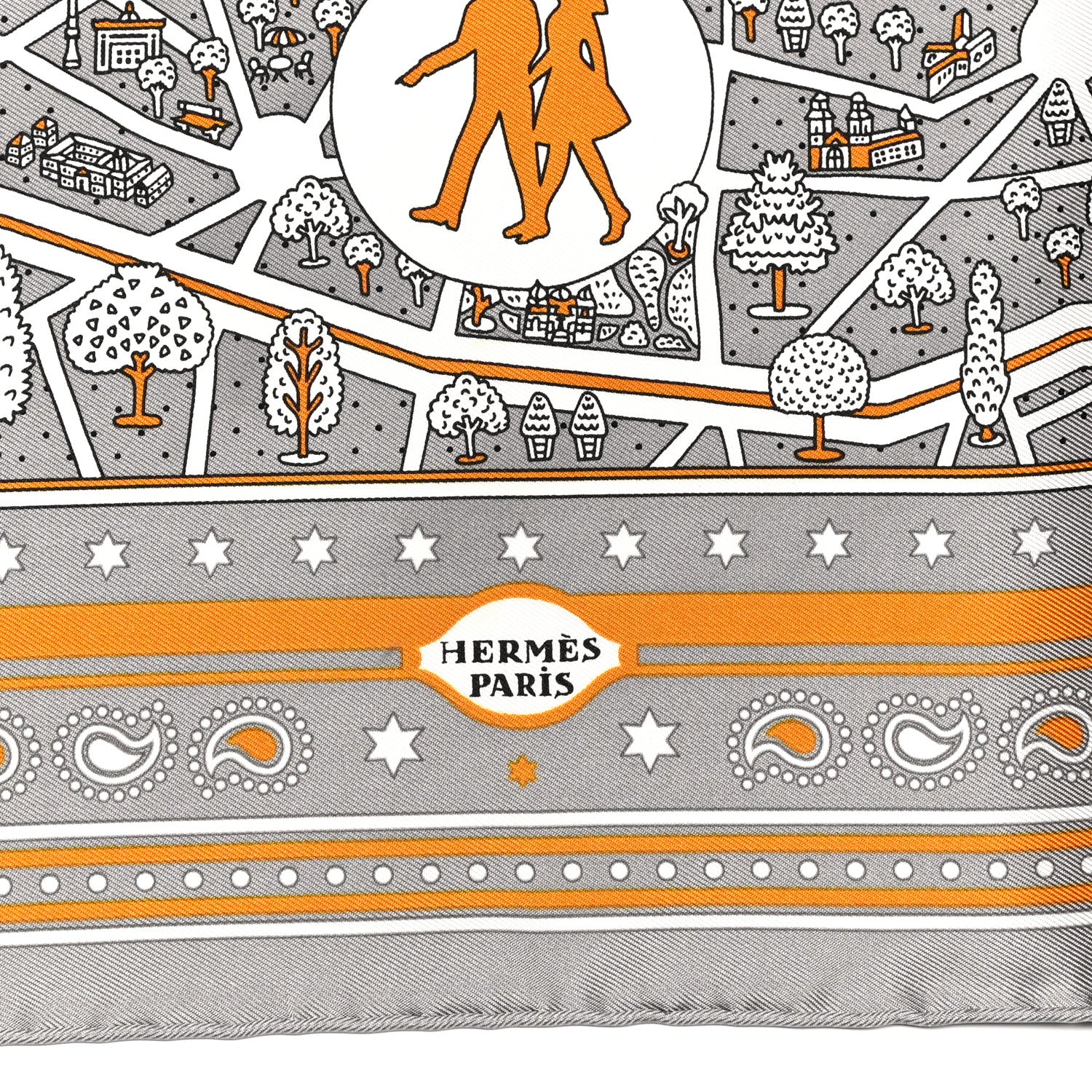 Hermes Silk Les Nouveaux Amoureux de Paris Bandana Scarf 55 Gris White Caramel 2 of 5
