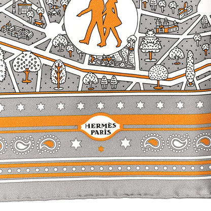 Hermes Silk Les Nouveaux Amoureux de Paris Bandana Scarf 55 Gris White Caramel 2 of 5