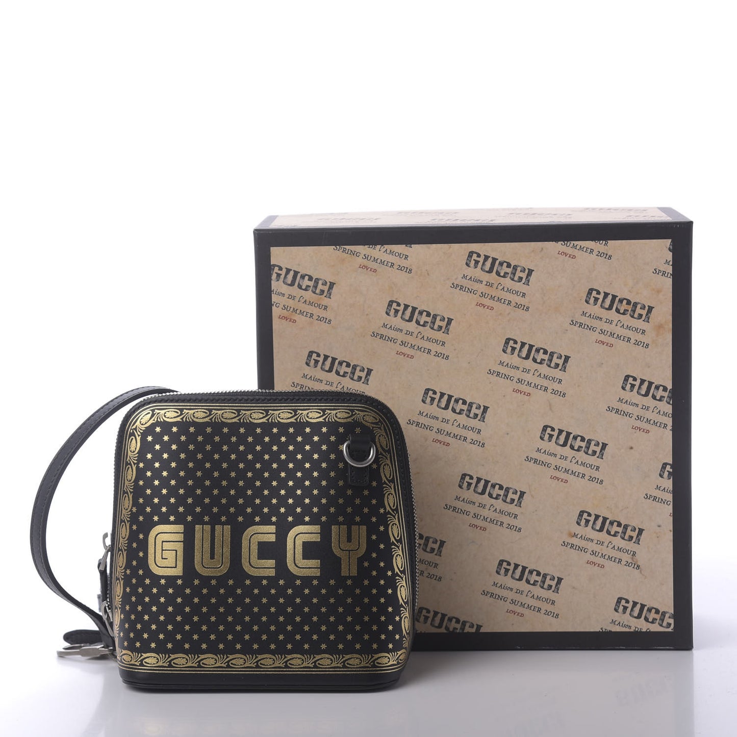 X SEGA Calfskin GUCCY Stars Mini Dome Shoulder Bag Black Gold