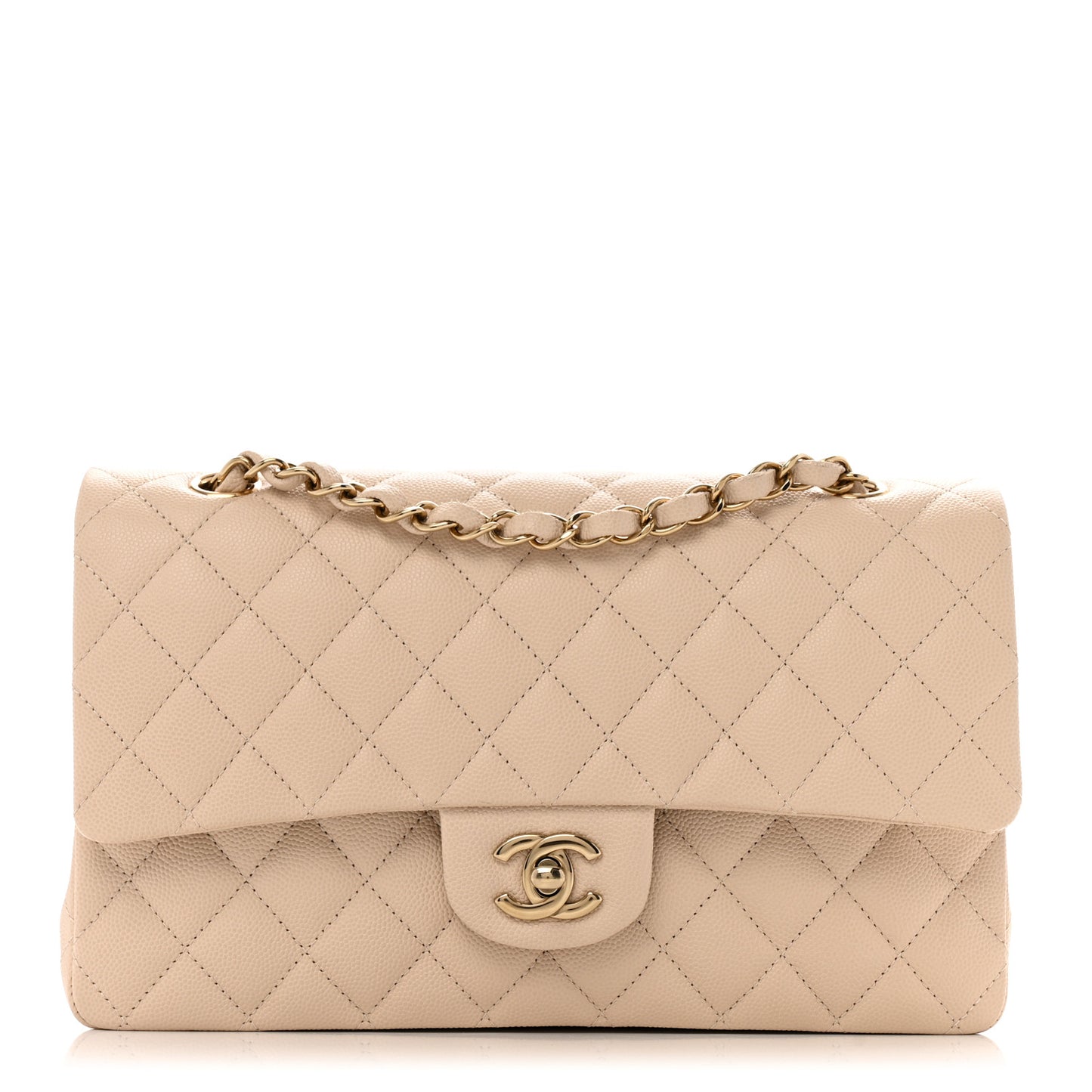 Caviar Quilted Medium Double Flap Ecru
