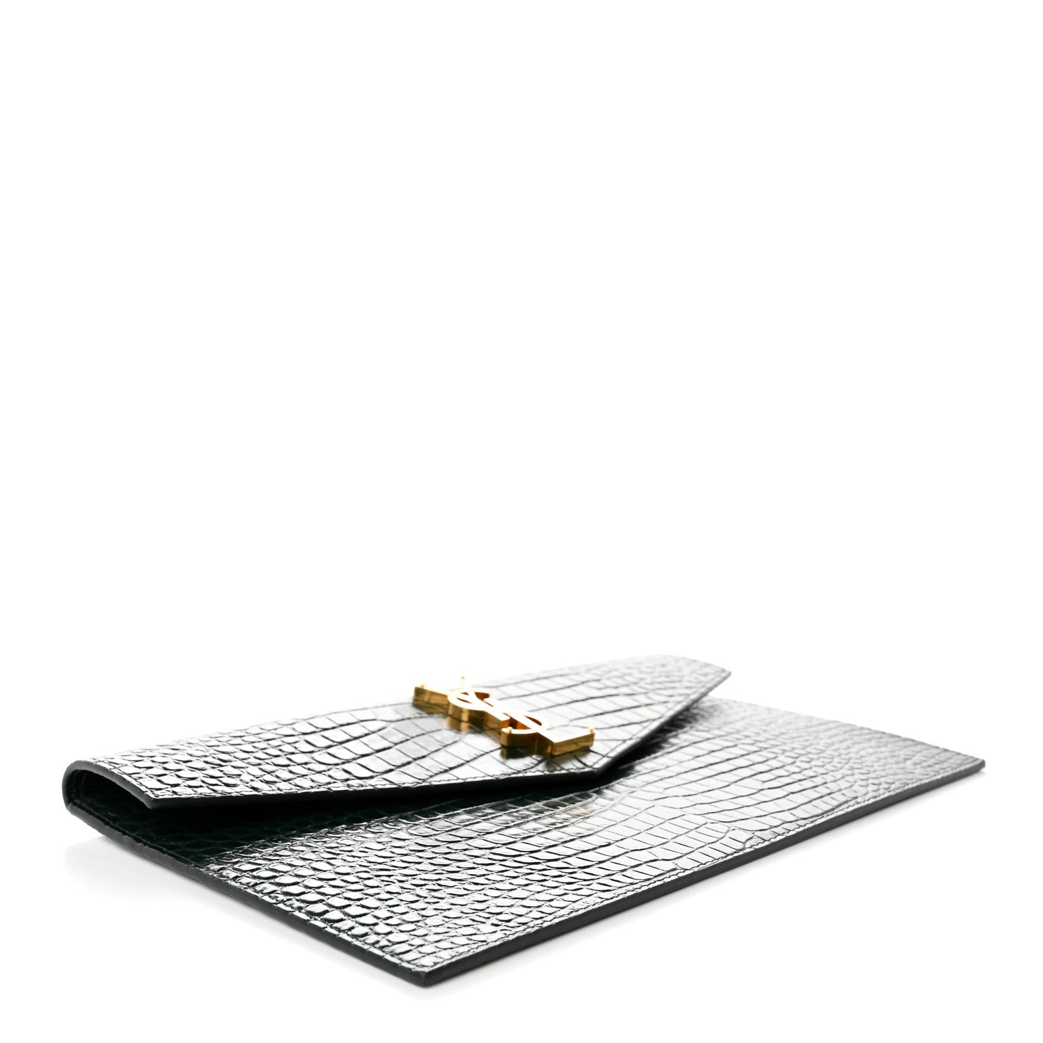 Saint Laurent Calfskin Crocodile Embossed Uptown Monogram Clutch Dark Green 4 of 10