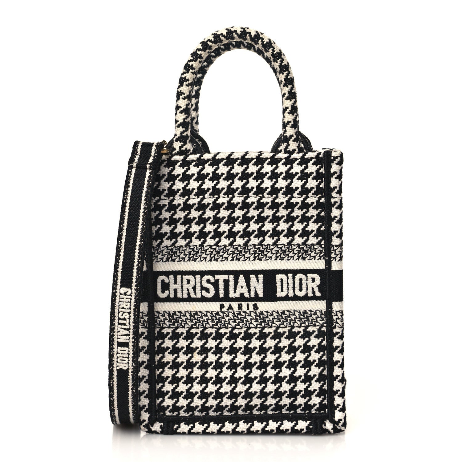 Christian Dior Canvas Houndstooth Embroidered Mini Book Tote Phone Bag Black White 1 of 8
