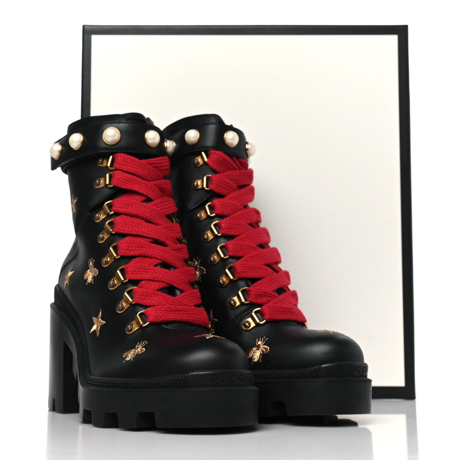 Gucci Calfskin Embroidered Lace Up Combat Ankle Boots 38 Black 8 of 8