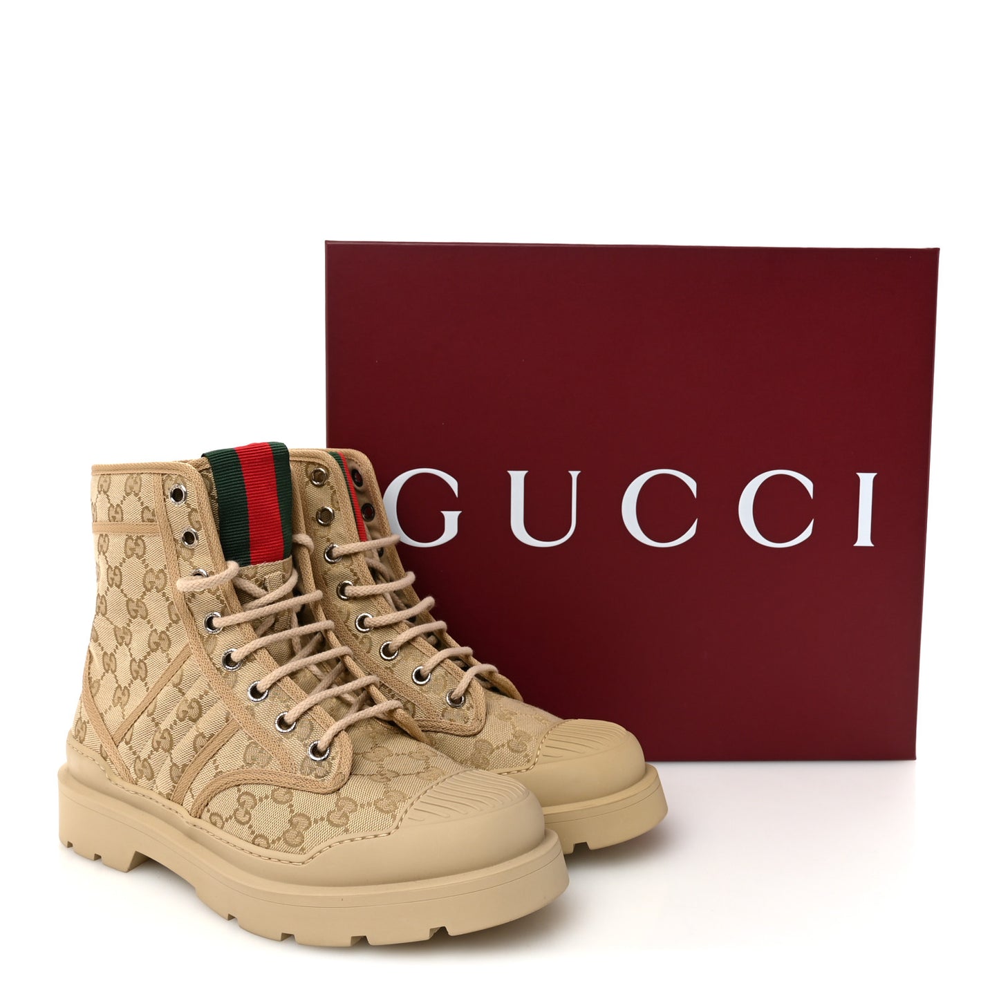 GG Monogram Web Mens Lug Sole Ankle Boots 8.5 New Sand