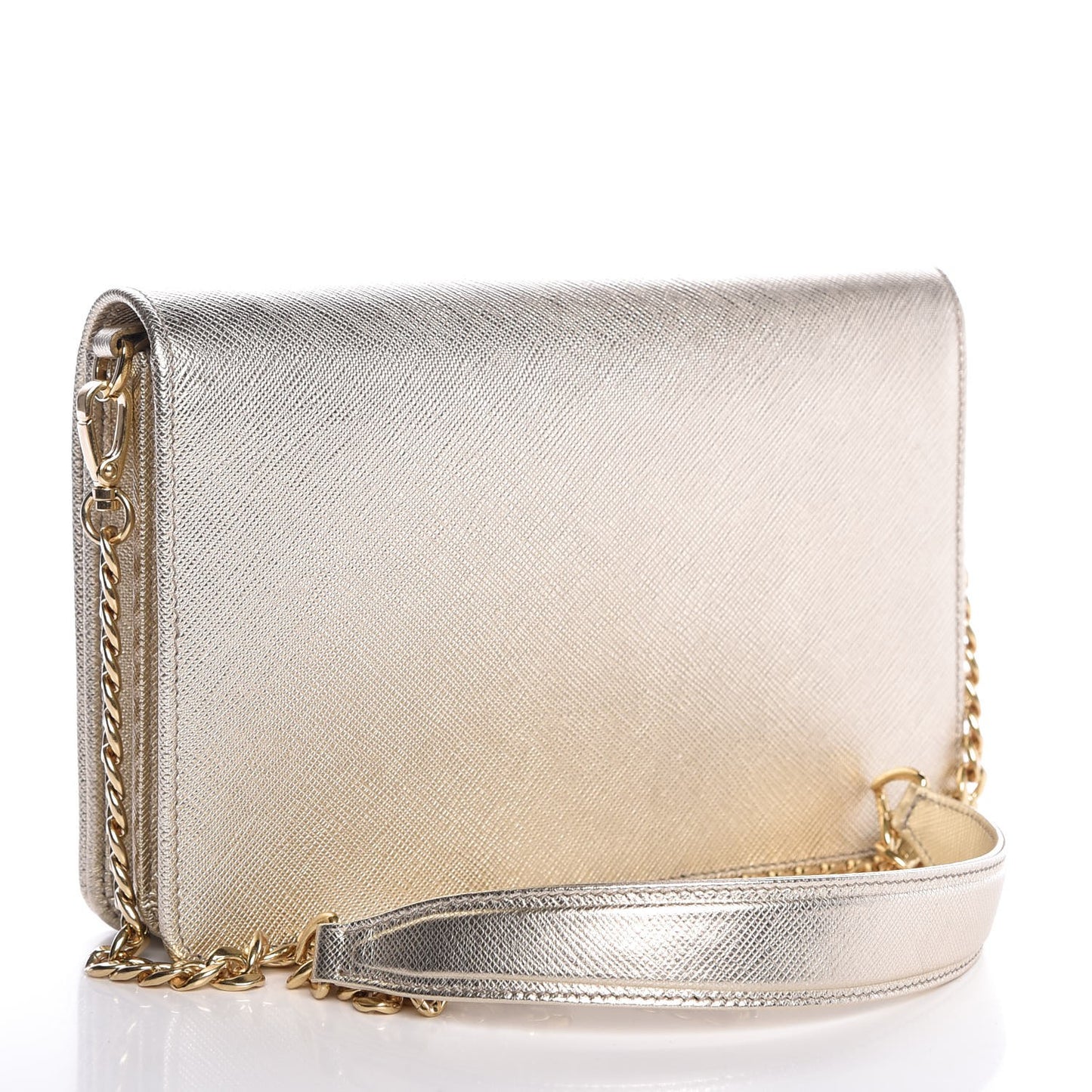 Metallic Saffiano Lux Chain Wallet Pirite