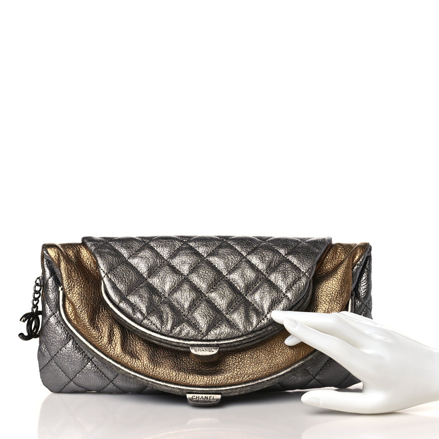 Chanel Metallic Goatskin Quilted Frame Clasp Flap Clutch Silver Gold 2 of 9