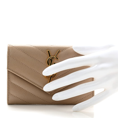 Saint Laurent Grain De Poudre Matelasse Chevron Small Monogram Envelope Wallet Dark Beige 2 of 8