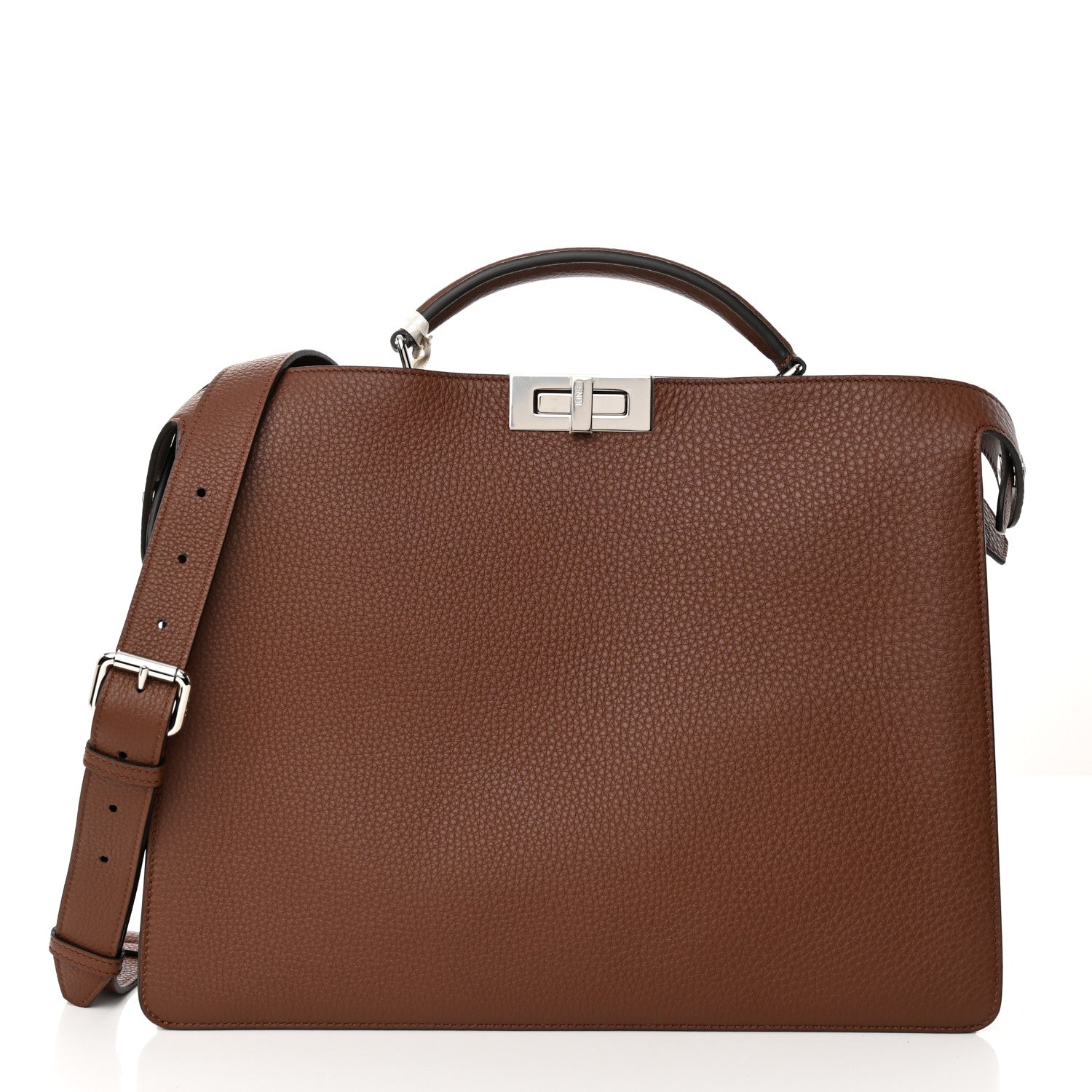 Fendi Cuoio Romano Vitello Cover Glazed Fabric Bi-Color FF 1974 Medium Peekaboo I SEE U Satchel Ghianda Saddler Tobacco Moro 3 of 14