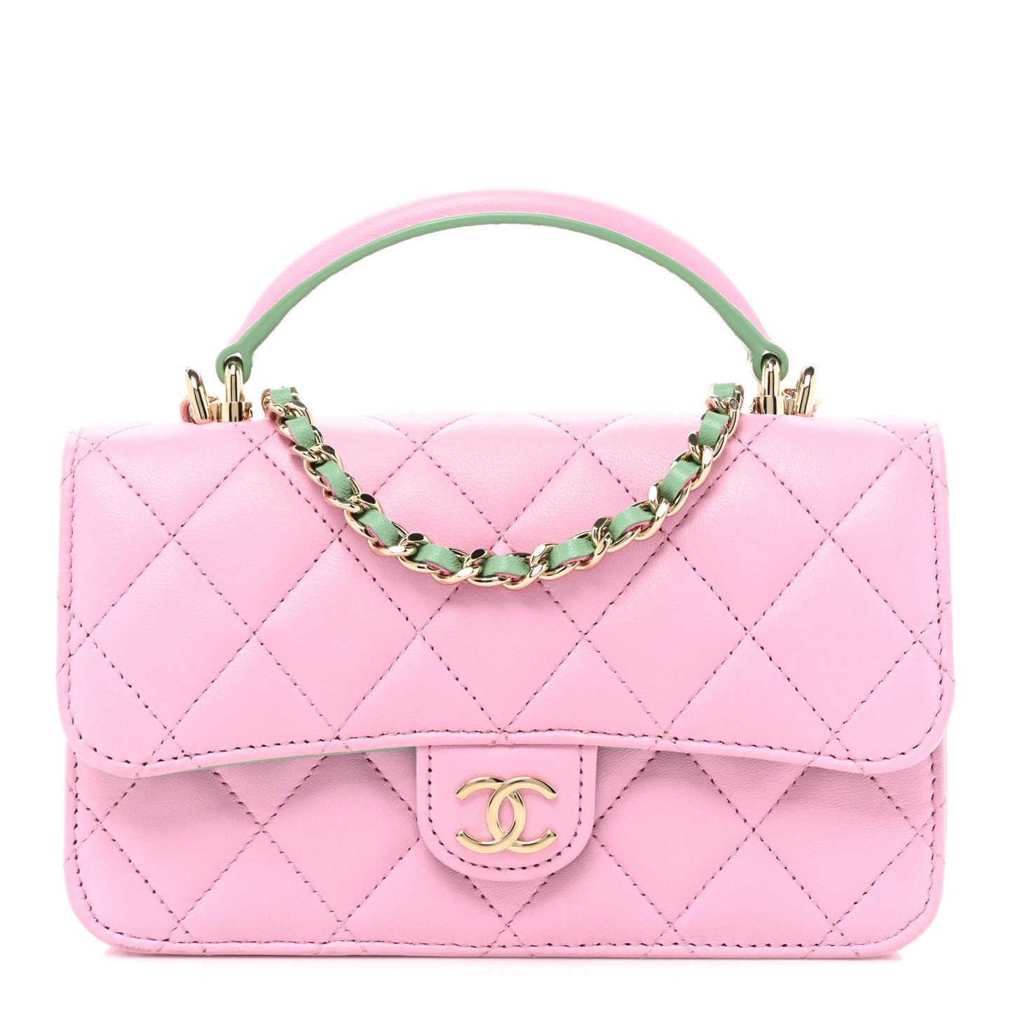 Lambskin Quilted Flap Phone Holder With Chain Lilac Light Green