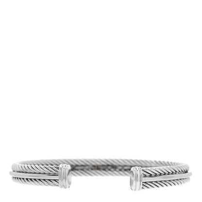 David Yurman Sterling Silver 14K White Gold Diamond 7mm Cable Classics Cuff Bracelet 2 of 4