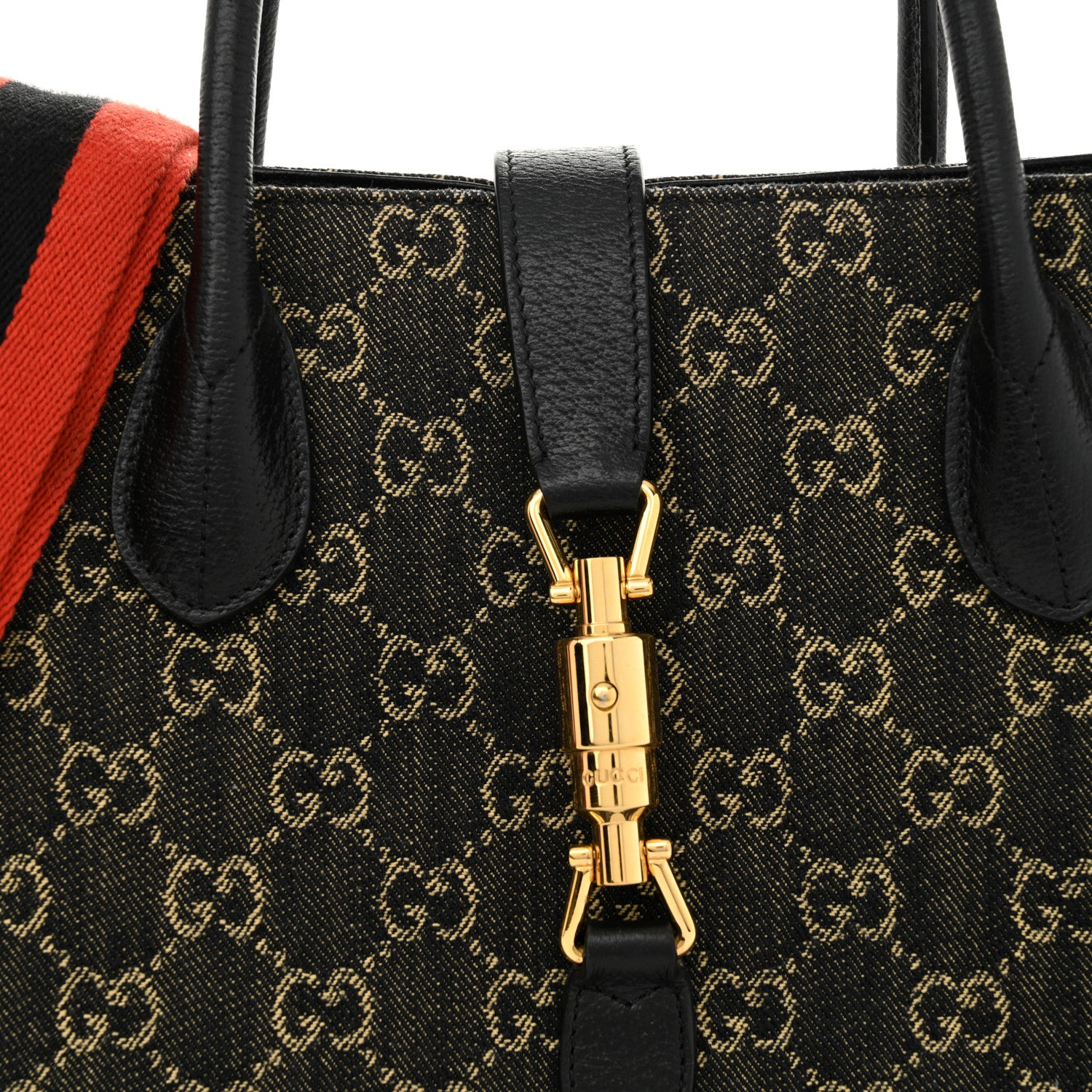 Gucci Jacquard Black Denim GG Monogram Textured Dollar Calfskin Medium Jackie 1961 Tote Black Ivory 8 of 11