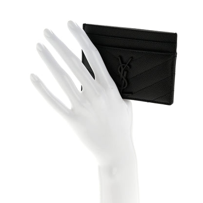 Saint Laurent Grain De Poudre Matelasse Chevron Monochrome Monogram Credit Card Case Black 2 of 8