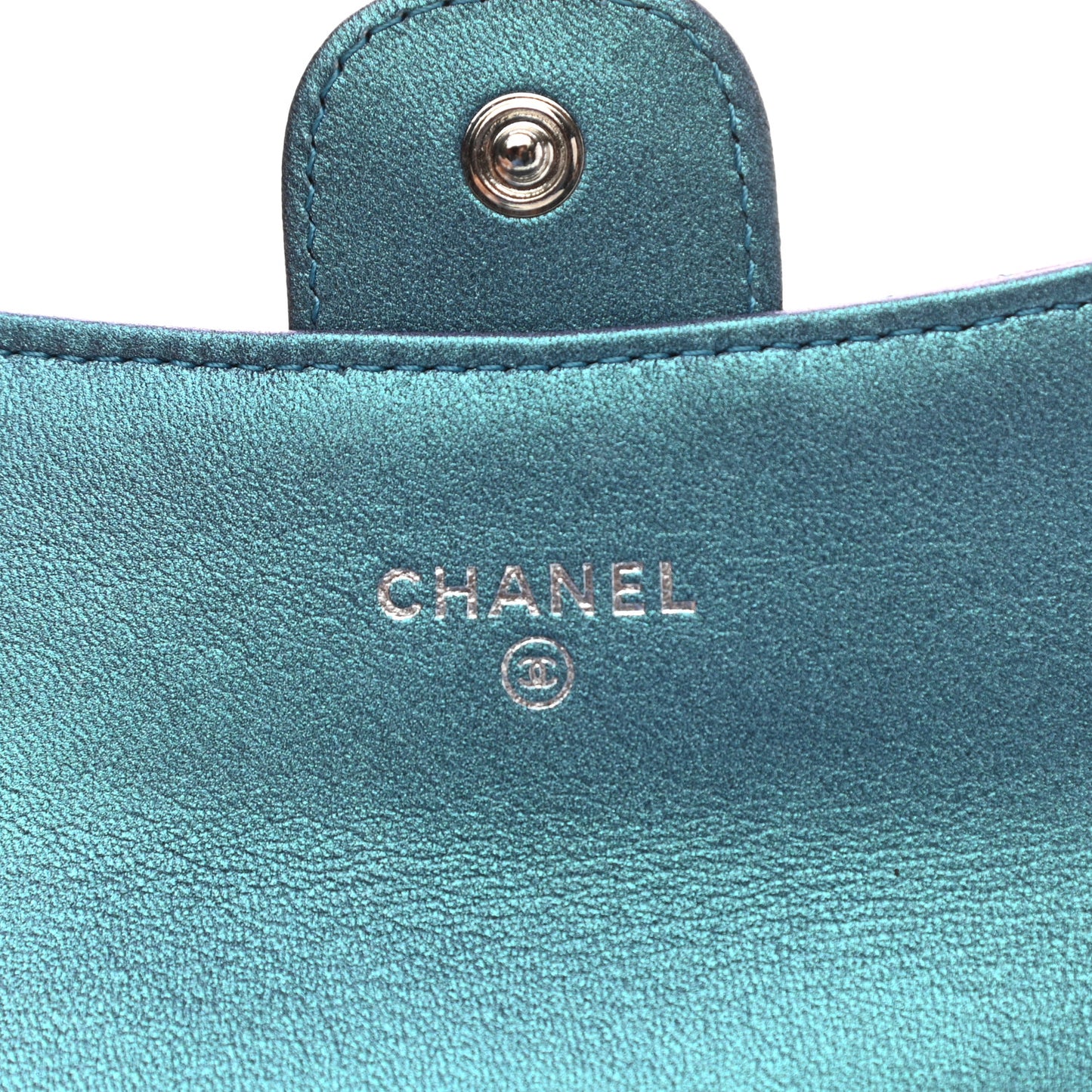Iridescent Lambskin Quilted Flap Card Holder Turquoise