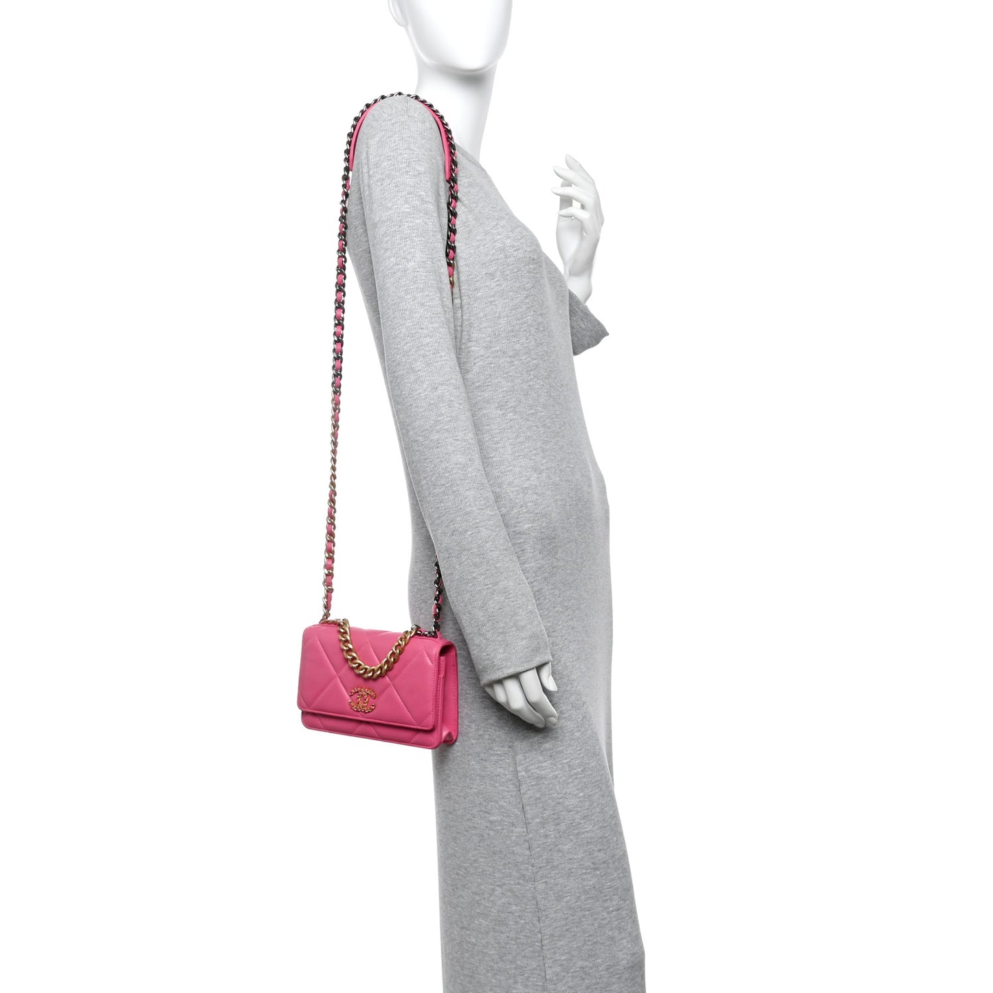 Lambskin Quilted Chanel 19 Wallet On Chain WOC Dark Pink