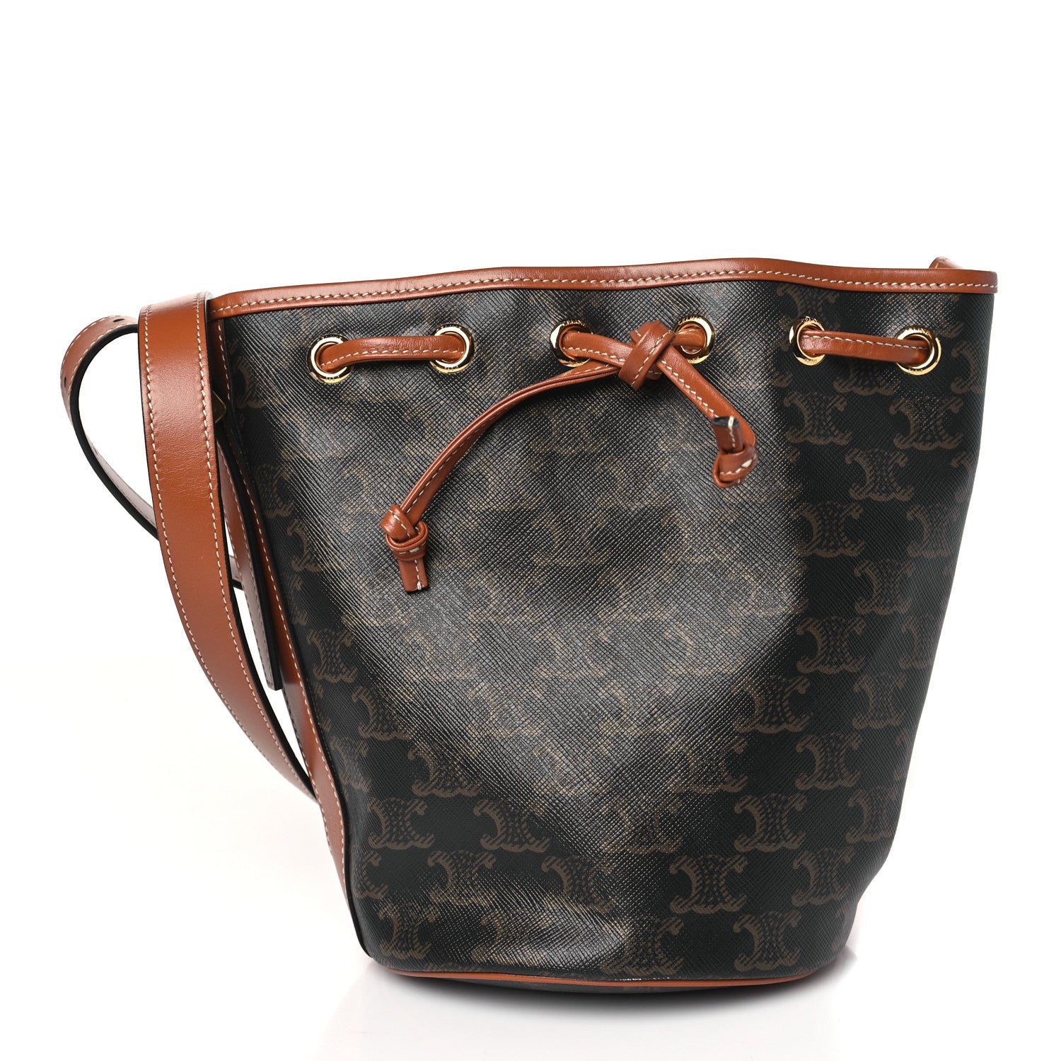 Celine Triomphe Canvas Calfskin Small Drawstring Bucket Bag Tan 1 of 9