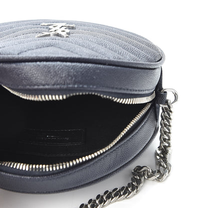 Saint Laurent Grain De Poudre Matelasse Chevron Quilted Round Vinyle Camera Bag Deep Marine 4 of 8
