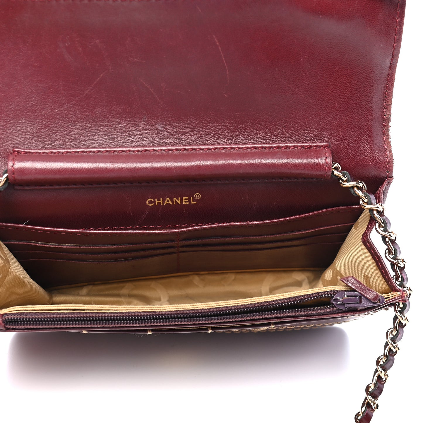 Calfskin Stitched Square Quilted Wallet On Chain WOC Burgundy
