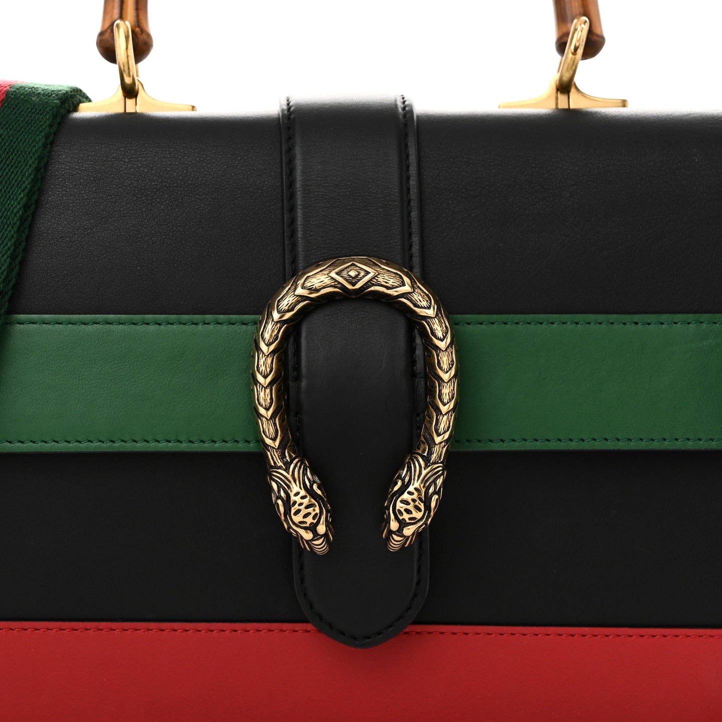 Moon Calfskin Web Medium Dionysus Bamboo Top Handle Bag Black Bright Evergreen Hibiscus Red