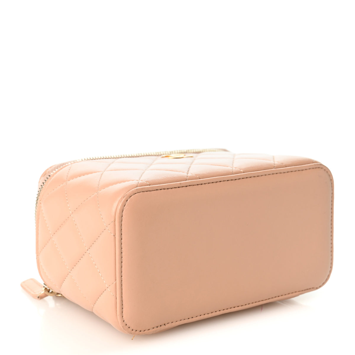 Lambskin Quilted Small Top Handle Vanity Case With Chain Beige