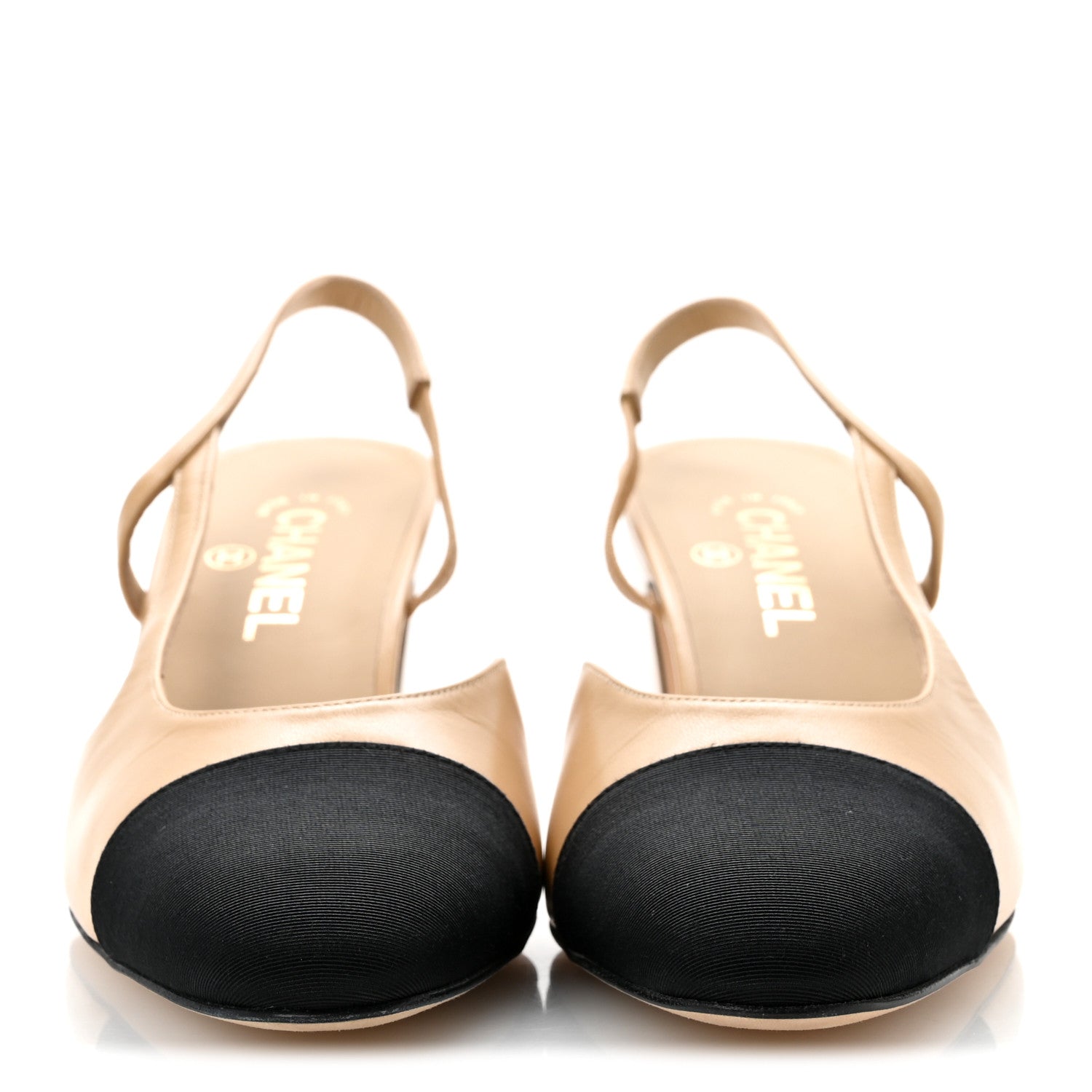 Chanel Goatskin Grosgrain Cap Toe CC Slingback Pumps 41 Beige Black 3 of 10