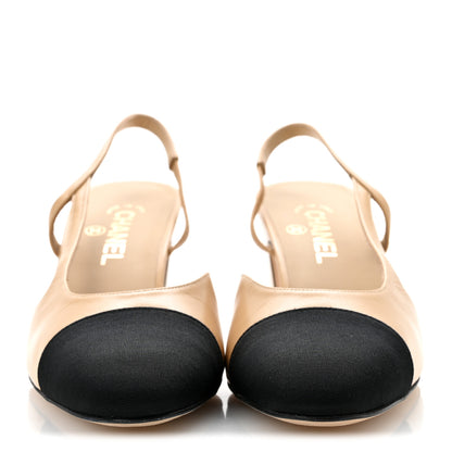 Chanel Goatskin Grosgrain Cap Toe CC Slingback Pumps 41 Beige Black 3 of 10