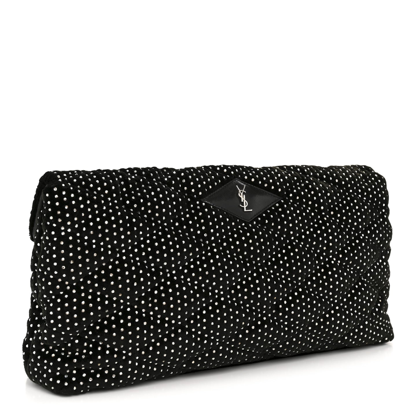 Velvet Lambskin Quilted Rhinestone Sade Puffer Envelope Clutch Black
