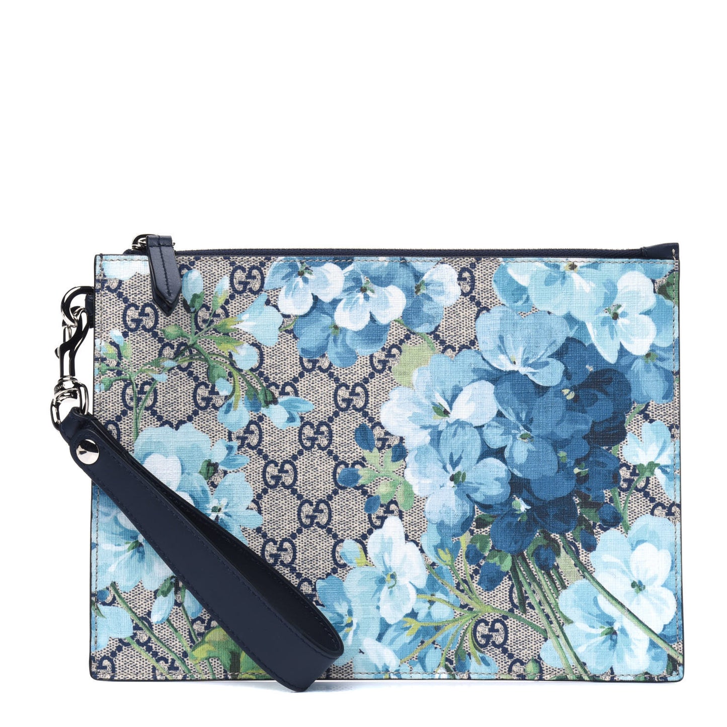 GG Supreme Monogram Blooms Small Zip Wristlet Pouch Beige Blue Black