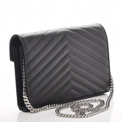 Saint Laurent Grain De Poudre Matelasse Chevron Monogram Chain Wallet Black 3 of 8