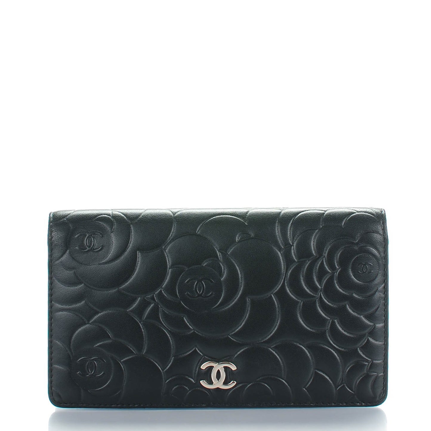 Lambskin Camellia Embossed Yen Wallet Black