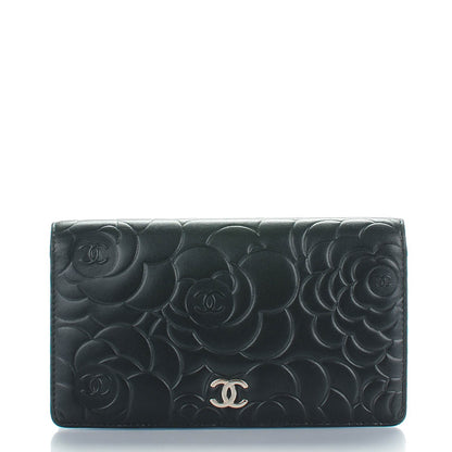 Chanel Lambskin Camellia Embossed Yen Wallet Black 1 of 9