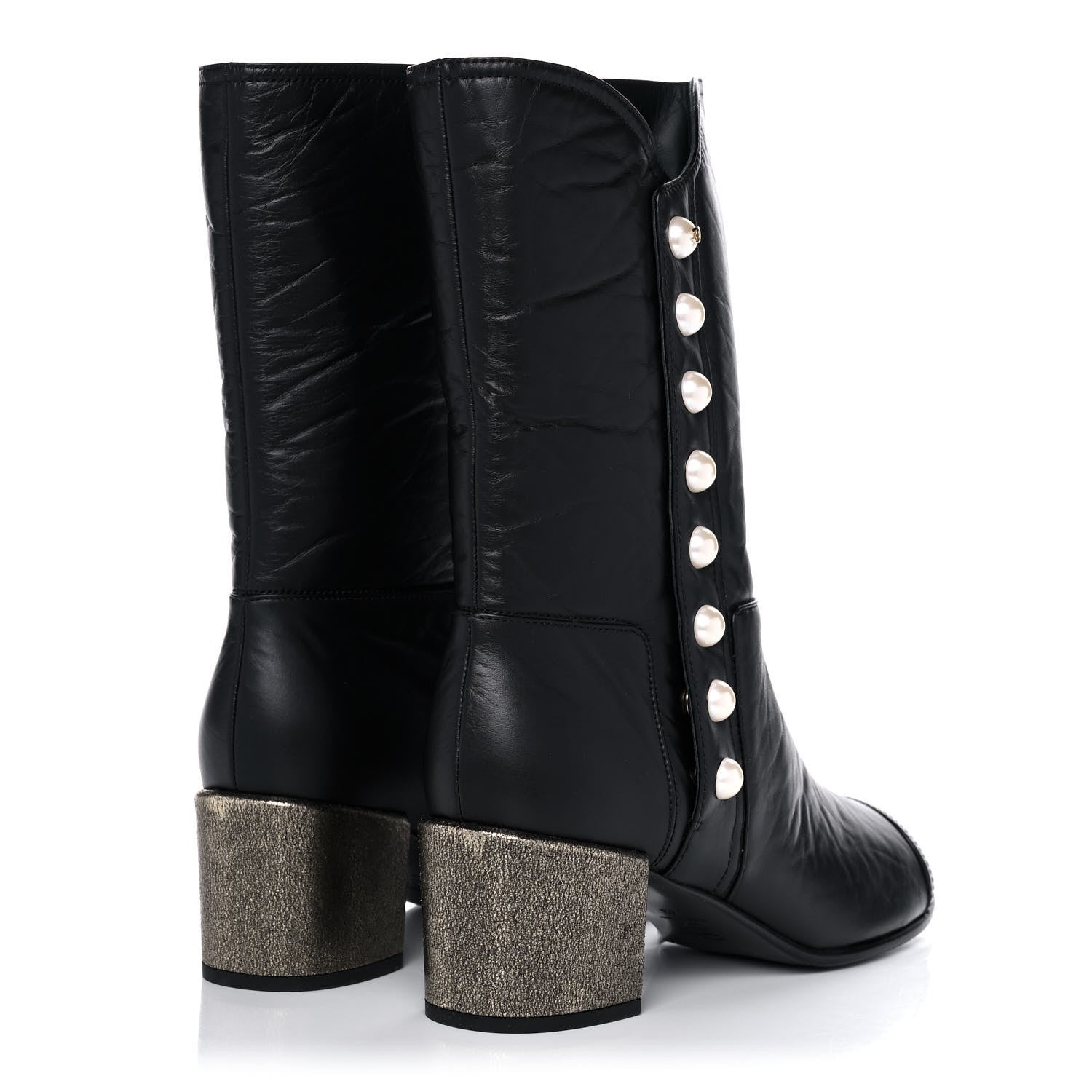 Chanel Calfskin Patent Pearl Cap Toe Boots 42 Black 4 of 9