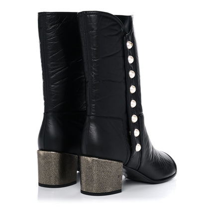 Chanel Calfskin Patent Pearl Cap Toe Boots 42 Black 4 of 9