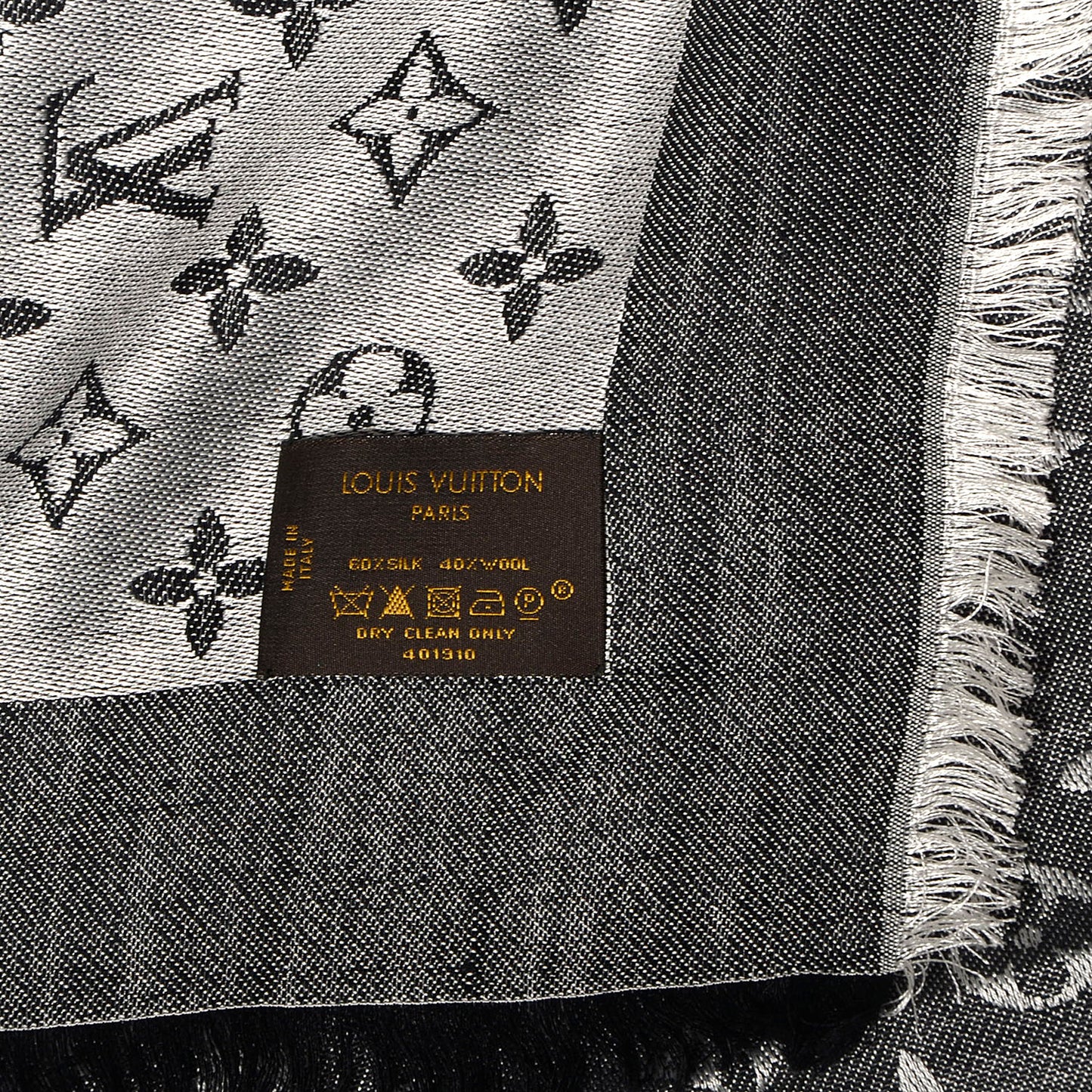 Wool Silk Monogram Denim Shawl Black
