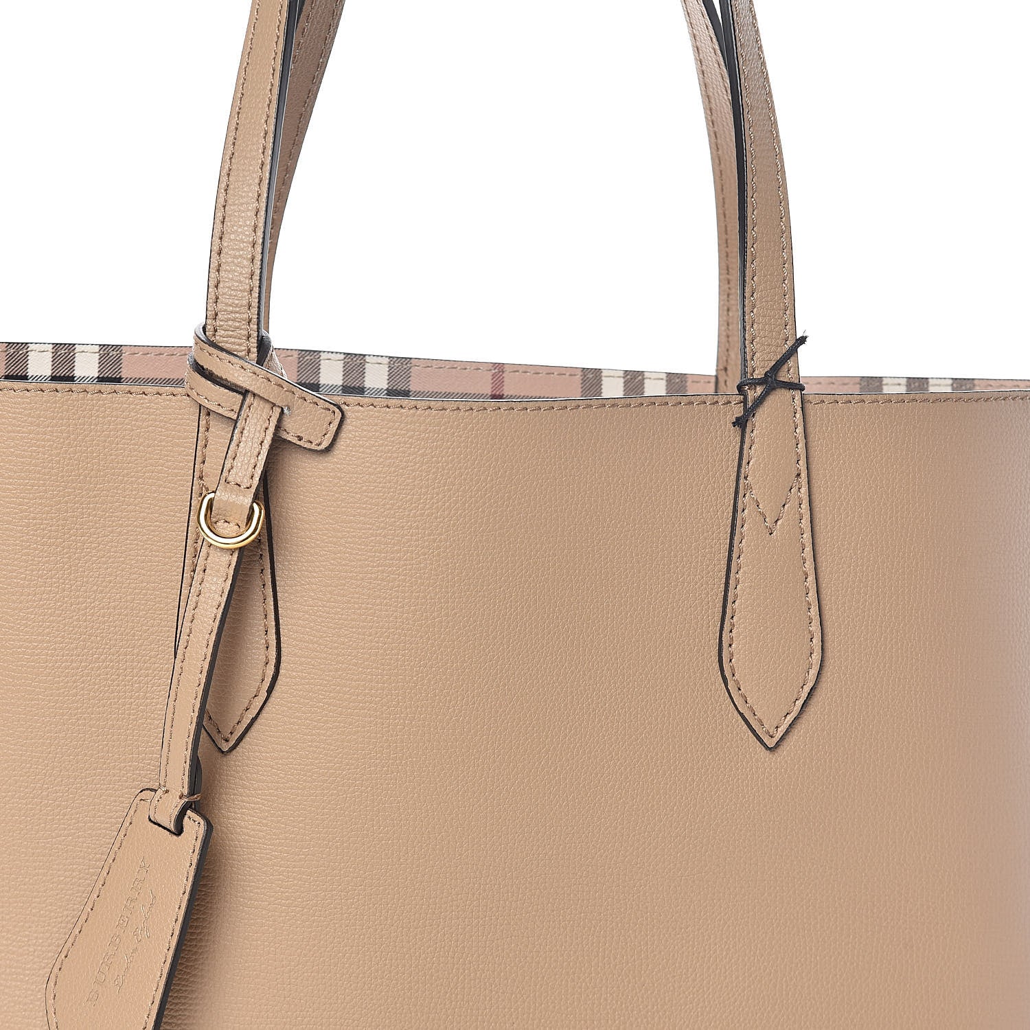Burberry Grainy Calfskin Haymarket Check Medium Reversible Tote Camel 10 of 16