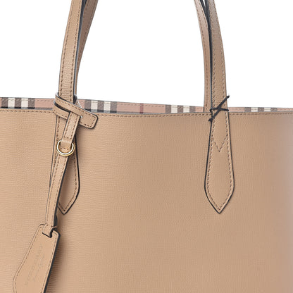 Burberry Grainy Calfskin Haymarket Check Medium Reversible Tote Camel 10 of 16