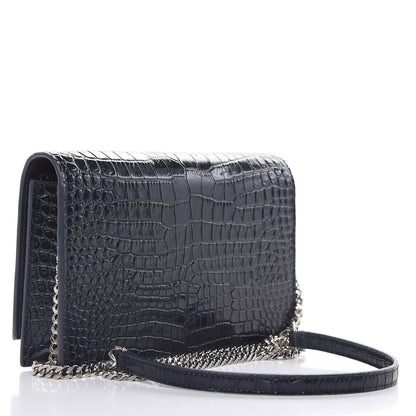 Mansur Gavriel Calfskin Crocodile Embossed Kate Monogram Tassel Chain Wallet Deep Marine 3 of 9