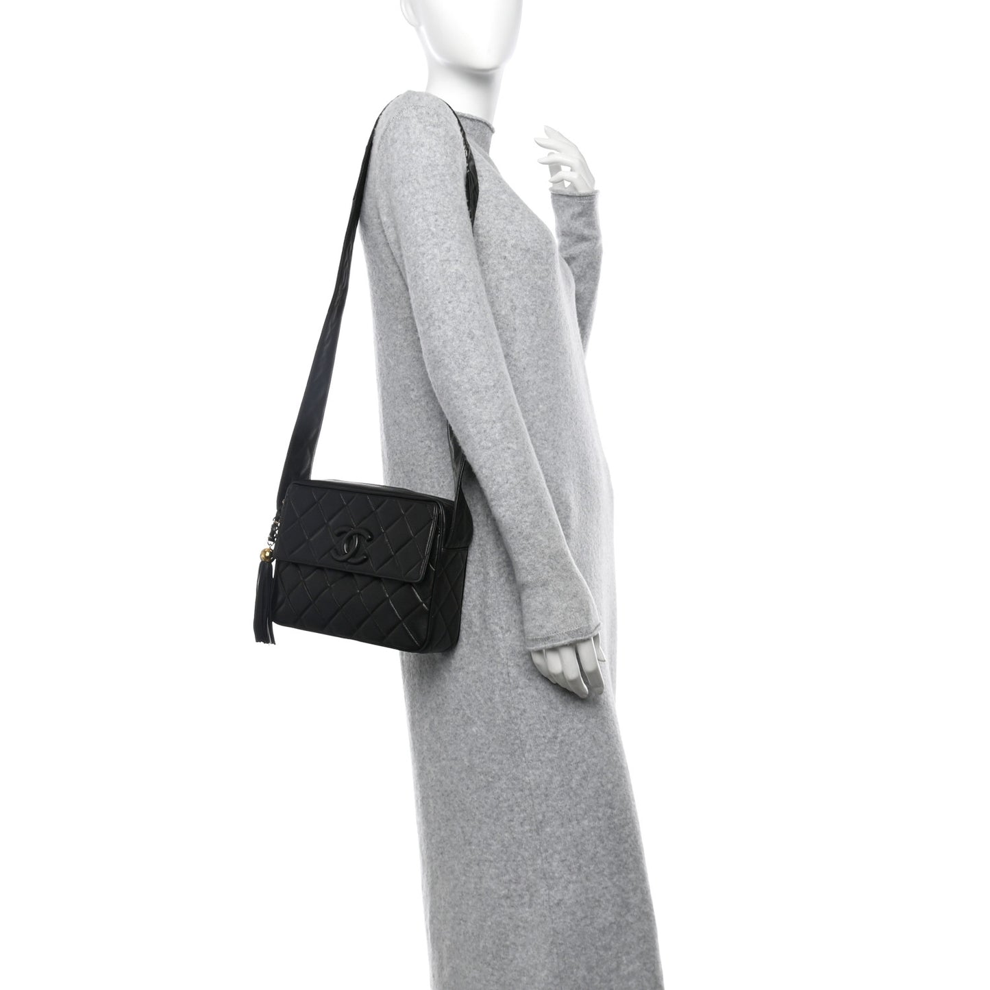 Lambskin Quilted Tassel Flap Camera Case Black